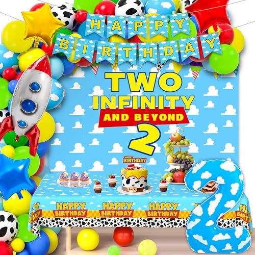 2 Birthday Decorations 2nd Birthday Balloons Arch Garland Kit for Boys Tablecloth Backdrop for Baby Shower Decorations Toy Kids Party Supplies