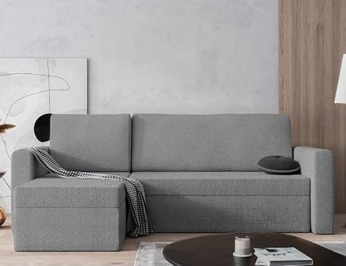 Easy4You Grau Ecksofa Horn Boucle in L-Form 237x96x143 cm mit Schlaffunktion und Bettzeugbehälter - Schlafsofa mit Bettkasten - Eckcouch mit Stauraum - Stoff: Dolce 05