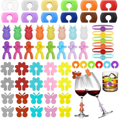 HavaCue 60 PCS Reusable Wine Glass Markers - Silicone Charms, Color Identifiers, Drink Markers - Accessories for Wine, Champagne, Beverage, Martini Glasses