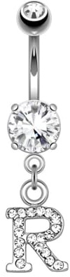beyoutifulthings Bauch-nabelpiercing Buchstaben-Anhänger A-Z Silber Clear Nabel-Piercing Chirurgenstahl Bananabell Stab-länge 10-mm
