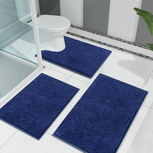 Enyhom Blau Badematten Set 3 Teilig, Flauschige Badteppich 3er Set Wasserabsorbierend Toilettenteppich Badezimmerteppich Waschbar Duschvorleger für Dusche und Badewannen (45x65+50x80+U50x60cm)