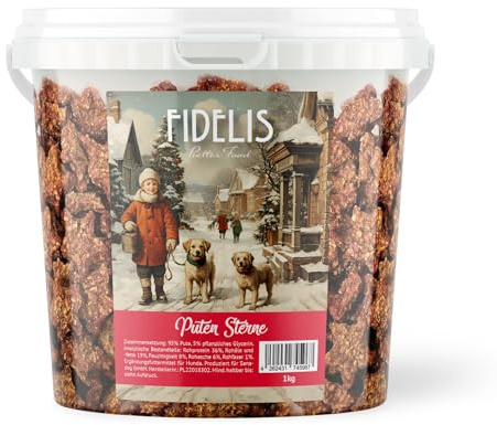 Puten-Weihnachtssterne für Hunde im wiederverschließbarem 1kg-Eimer - Luftgetrocknete Hunde Leckerlis aus 100% natürlichen Rohstoffen - der perfekte Weihnachtssnack für Deinen Hund
