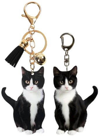 GlamRays Cute Tuxedo Cat Keyring - Kawaii Bag Pendant for Car, Backpacks, Purses - Kitten Animal Accessories