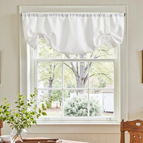 TOPICK Vangao Raffrollo Weiß Scheibengardine Modern Bistrogardine 1er Set 127B x 46H cm mit Raffbändern Gardinen Kurz Halbtransparent Landhaus Gardine Leinenoptik Wohnwagen Küchengardinen
