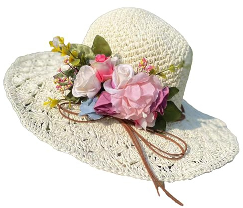 BrightGlow Chapeau de paille à large bord pour femme - Chapeau de soleil d'été souple pliable - Anti-UV - Chapeau de plage - Chapeau de fête - Chapeau de paille élégant