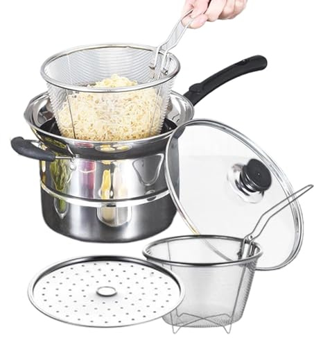Noodle Cooker Pot - Pentola multifunzione in acciaio, con cestello, per patatine fritte, frutti di mare, cipolle