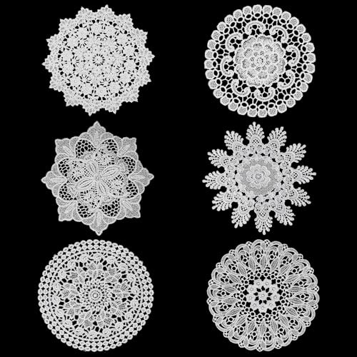 XLIUAX 6 PCS Lace Crochet Doilies, 6 Inch Round White Vintage Placemats Handmade Rustic Cup Mats Lace Coasters for Kitchen Dining Room Tables Wedding Birthday Party Cup Vase Decoration(A)