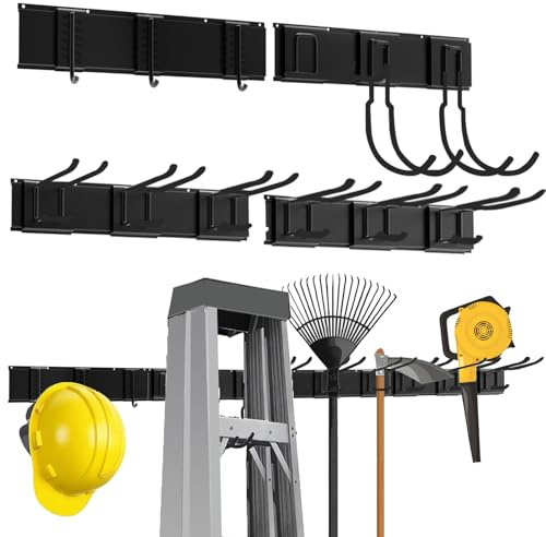 RHSHANLICUN Metall-Gartengerätehalter,Gerätehalter Wandhalterung 150kg，Garagen-Werkzeug-Management-Wandregal mit 4 Halter + 12 Doppelhaken für Gartenwerkzeug in Garage, Garten, Keller (Schwarz)