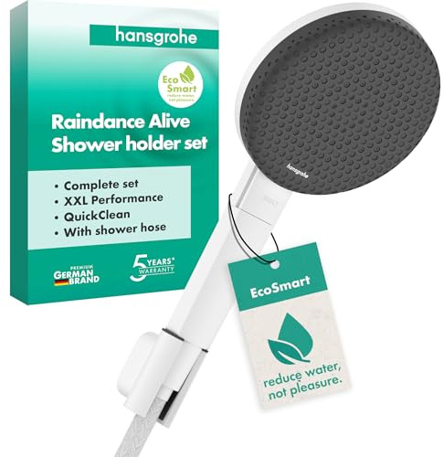 hansgrohe Raindance Alive Select S - Duschset mit Duschkopf wassersparend (EcoSmart, 3 Strahlarten inkl. PowderRain), Duschschlauch (1,60 m) und Duschkopfhalterung, Mattweiß, 24611700