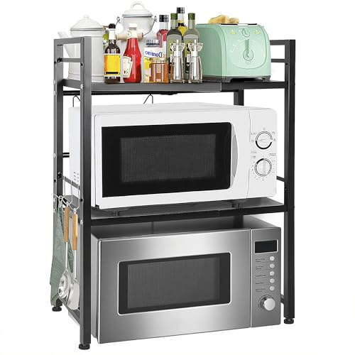 Expandable Microwave Oven Rack | Height-Adjustable Microwave Shelf | 3-Tier microwave Stand with Hooks | Foldable Kitchen Countertop Organiser for Toasters |Non-Slip microwave Storage Rack(Black)