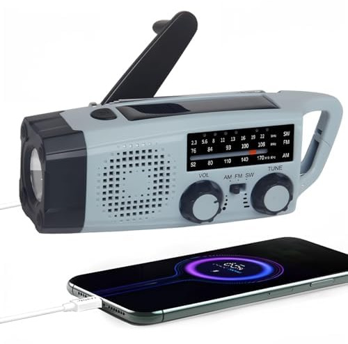 Radio d'urgence Portable FM/AM avec Batterie Solaire Rechargeable et manivelle Dynamo, Lampe de Poche LED, Batterie Externe 2000 mAh, Alarme SOS USB, pour Camping en Plein air (Gris Bleu)