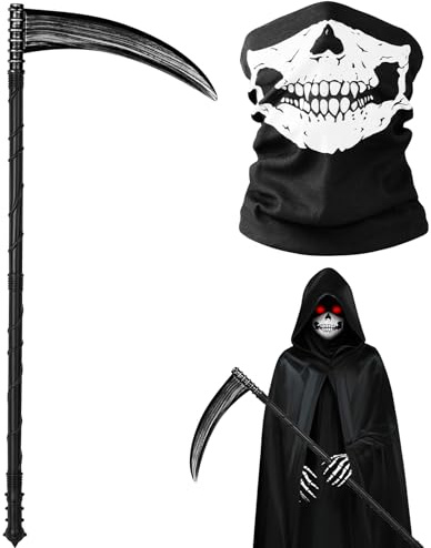 BSBUY Horror Costume Accessory Scythe Halloween Costume Set with Death Scythe and Skull Mask Grim Reaper Scream Accessory Variable Length Sickle Toy Reaper Ghost Face Scream Party Halloween Carnival