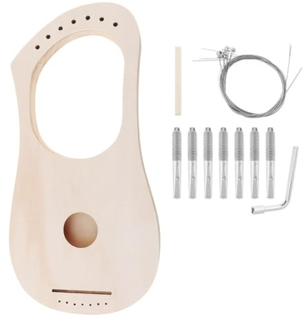 Holzleierharfe 7-saitig 1 Satz für Anfänger und Musikliebhaber | Selbstgemacht Saiteninstrument, Einfache Montage, Tiefes Klangbild, Holz und Metall, Beige, Dekorativ