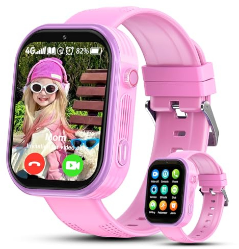 kaacly Reloj Inteligente Niño 4G con GPS Videollamadas HD Chat Familiar SOS Teléfono,IP68 Resistente al Agua, Smartwatch Niños Regalos para Niños Niñas 6-13 años (Pink Purple)