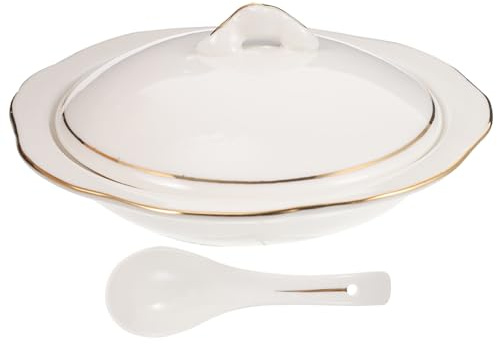 TOYANDONA Ciotola Zuppa Ceramica Resistente al Calore con Coperchio e Cucchiaio Design Europeo Classico Scodella Terracotta per Minestre Calde e Zuppe