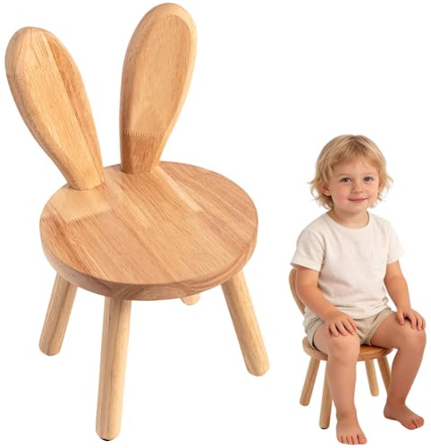 LUPATDY Silla Infantil de Madera Natural, Silla de Madera Maciza con Respaldo de Orejas de Conejo y Dispositivo Antideslizante, Sille Infantil Montessori para Habitación Infantile