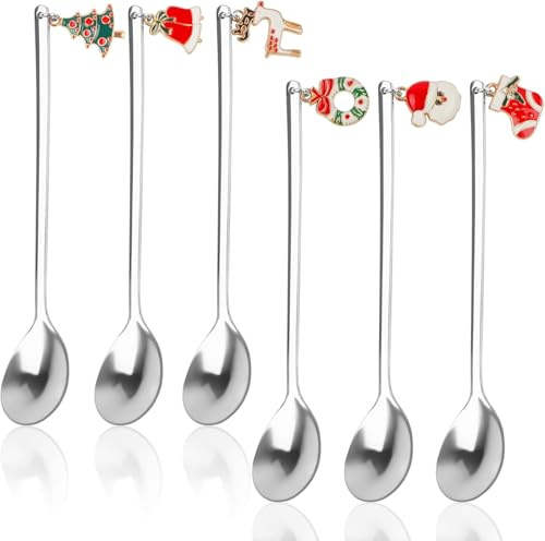 Rolcheleego Cucchiai natalizi, 6 cucchiaini da tè, in acciaio inox, per cioccolata calda, stoviglie natalizie, posate di Natale, cucchiaini da caffè per regali, calze di Natale, riempitivi per feste