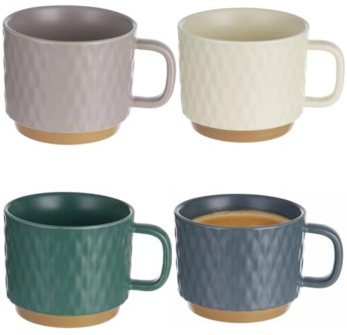 Calolin 4 Pcs Ceramic Coffee Mugs, 14.5 oz Large Capacity Textured Modern Cups with Comfortable Grip, Stylish Stackable Coffee Mugs for Tea, Espresso, Dishwasher & Microwave Safe