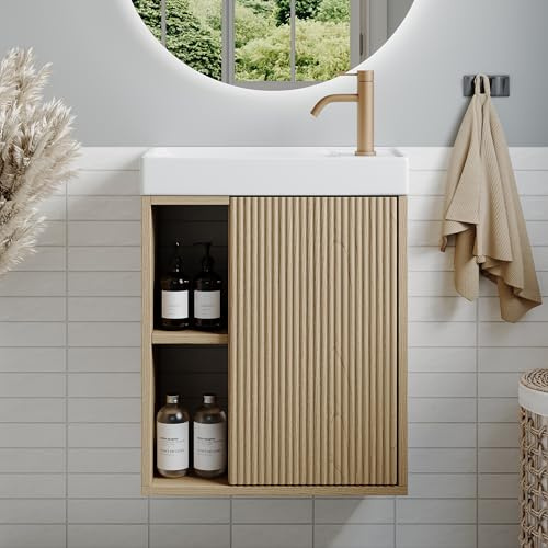 BRIDGE BENO Meuble de lavabo Mural 46 cm avec lavabo – Meuble de Toilette étroit avec Porte rainurée à Fermeture Douce et étagère Ouverte,Golden Sand