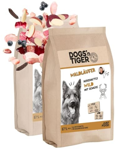Dogs'n Tiger Waldläufer Trockenfutter Hund Adult, Wild & Gemüse, 2X 2kg | Hundefutter, Alleinfutter, hoher Fleischanteil, getreidefrei, ohne Zucker, ohne Konservierungsstoffe, proteinreich, Omega-Öle