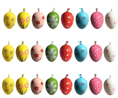 YIPFEN 24 Huevos de Pascua de Plástico Coloridos para Colgar, Uso Interior y Exterior, Decoración de Pascua, Adorno para Arbustos de Pascua, con Bonitos Motivos de Pascua (Multicolor)