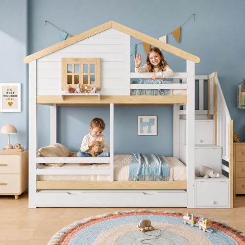Su & Chan Legence Kinderbett 90x200 mit Ausziehbett, Hausbett mit Stauraumtreppe und Fenster, Etagenbett mit Rausfallschutz für 2 Kinder, ohne Matratze, Weiß und Natur