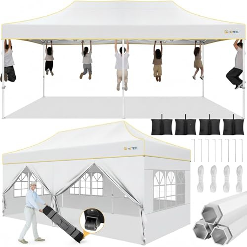 Hoteel Pavillon 3x6 Wasserdicht Stabil Winterfest,Verstärkter Faltpavillon mit Sechskantrohr-Gestell,Anti-UV Partyzelt Faltbar Gartenpavillon für Märkte,Tragetasche mit Rollen,4 Sandsäcke,Weiß