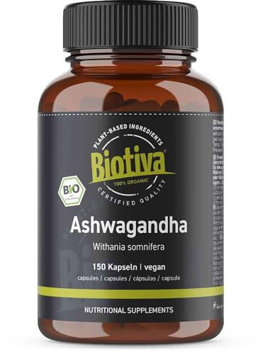 Ashwagandha 150 Kapseln Bio - 1500mg Tagesdosis - Withania Somnifera - indische Ayurveda - ohne Zusätze - Schlafbeere - Abgefüllt in Deutschland - Biotiva