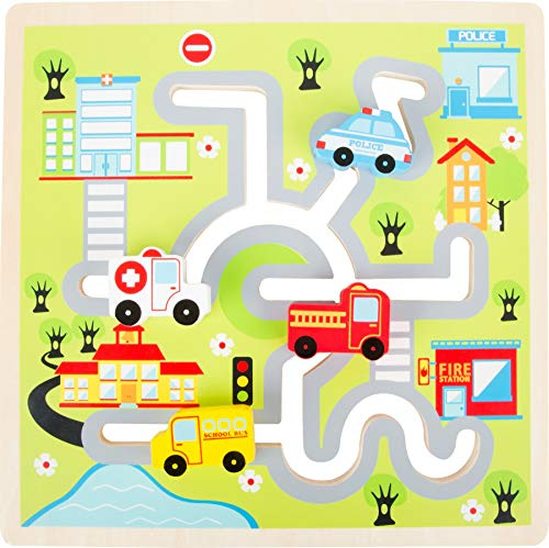 Small Foot 10590 Schiebe-Puzzle aus Holz mit Polizei- und Krankenwagen, Feuerwehrauto und Schulbus als Puzzleteile