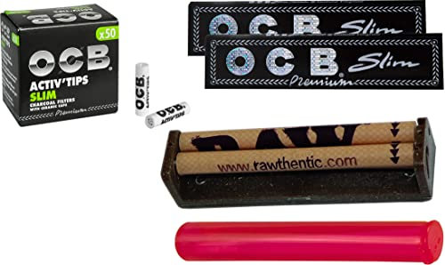 Zen yaoviz® Set RAW konische Drehmaschine 110mm - 50x OCB 7mm Activ Tips Slim Aktivkohlefilter - 2 OCB Black Slim Papers - Buddies Tube Hülle bunt 120mm