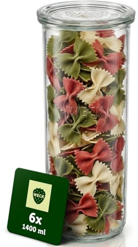 Weck Gläser 1400ml – 6er Set mit Deckeln – Sturzform – robuste, stapelbare Vorratsgläser- & Einweckgläser - ideal für Meal Prep, Sauerteig & Fermentieren – Made in Germany