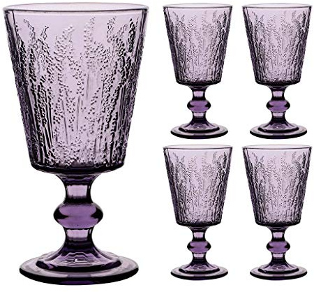 Dibor Set of 4 Wine Glasses Purple Embossed Lavender 300ml Wine Goblets | Dishwasher Safe, Coloured Glass, Drinking Glasses, Alfresco Glassware