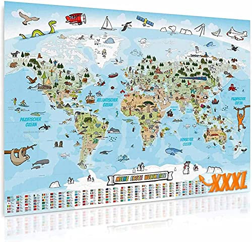 Panorama Weltkarte für Kinder XXXL - 160 x 120 cm Kinder-Weltkarte komplett handgezeichnet und koloriert
