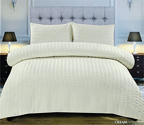 Amazing Seersucker Duvet Quilt Cover Set with Pillowcase and Plain Dyed Matching-colour fitted sheet Premium Quality (Cream, King)