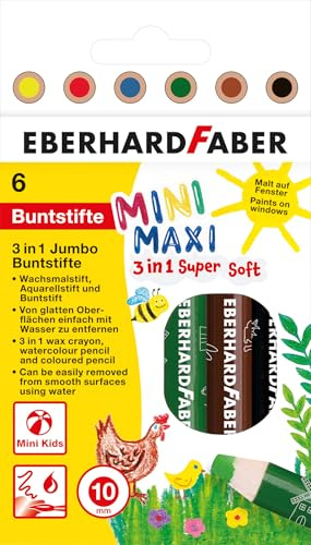 Eberhard Faber 518905 - Jumbo Buntstifte 3in1 mit Wachsmalstift, Aquarellstift und Buntstift, Mini Maxi, 6 Malstifte