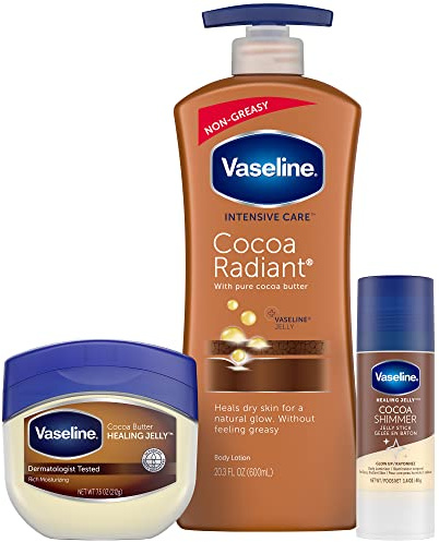 Vaseline Intensive Care Cocoa Radiant Lotion, 20.3 oz Bundled with Moisturizing Healing Jelly Butter, 7.5 and Shimmer Stick, 1.4 oz, Moisturized Skin Light Scent