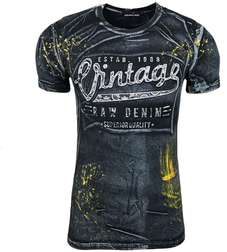 Subliminal Mode T-Shirt da Uomo in Cotone con Scollo con Rotondo Manica Corta Stile Moderno/Vintage Lavato - Stampato in 3D Unico - Taglio Classico BX10184 - Grigio Scuro M