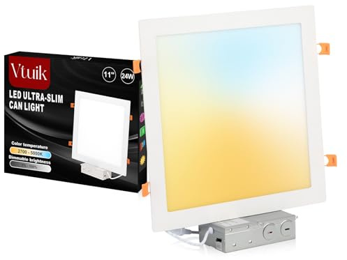 Vtuik 11 Inch Square LED Recessed Ceiling Light 5CCT for Kitchen Retrofit, Ultra Thin Canless Wafer Downlight Damp Rated for Bathroom, 24W Dimmable 1920LM for Living Room ETL FCC
