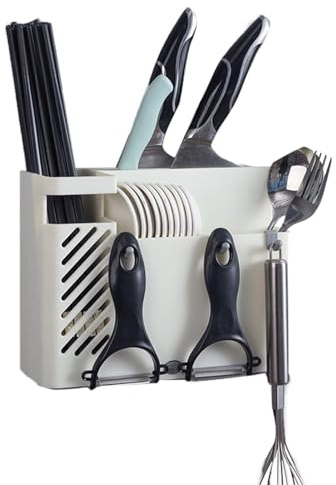 HERCHR Porte-ustensiles mural, support à ustensiles de cuisine, organisateur de rangement suspendu, égouttoir à couverts, panier à couverts pour vaisselle cuillère fourchettes(Blanc)
