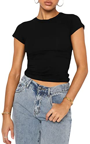 OZYILIAN T-shirt basique à manches courtes pour femme, style décontracté, col rond, coupe ajustée, Noir - 012, S