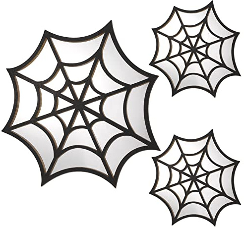 JieyueJewelry 3 Pack Gothic Spider Web Style Mirror Decoration, Spider Web Shape Mirror Gothic Ghost Style Wooden Frame with Acrylic Mirror Rustic Wall Hanging for Bedroom, Gift for Halloween(Black)