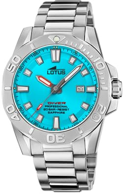 LOTUS Reloj Hombre Analógico de Acero Inoxidable 316l Plateado | Movimiento de Cuarzo, Calendario, Cristal Zafiro de Alta Resistencia, Resistente al Agua 20 ATM 18926/2 Diver