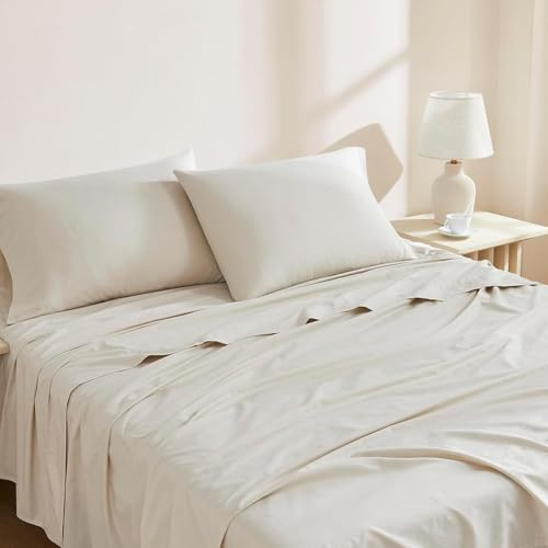 Linen Closet Juego de sábanas de 3 Piezas de 100% algodón orgánico, tamaño Individual XL, percal crujiente Beige, Bolsillo Profundo de hasta 16 Pulgadas, Ligero, Transpirable y naturalmente