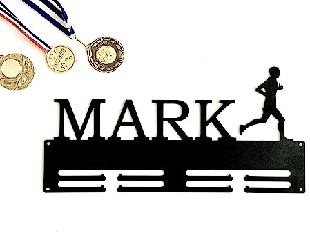 Porta medallas con nombre personalizado, 1 figura de hombre corriendo, Metal soporte para medallas, Runnig Medal Hanger, Expositor para medallas, Medallero colgador de metálico, Atletas (Design 1)
