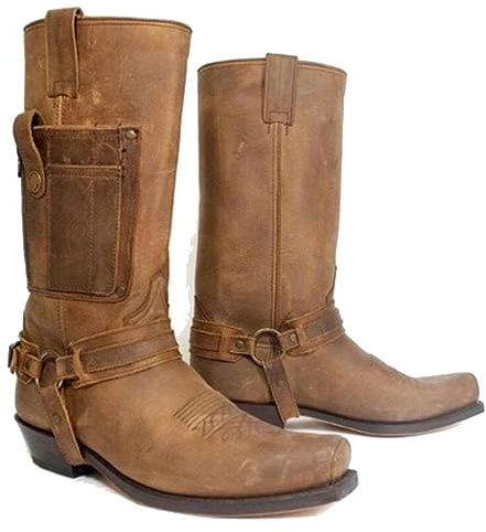 Botas Vaqueras Occidentales de Cuero PU para Hombres - Punta Cuadrada, Estilo Vintage, Steampunk, Caballero - Tacón Bajo, Tubo Medio, para Jinete, Motociclista, Cosplay - Marrón, 47