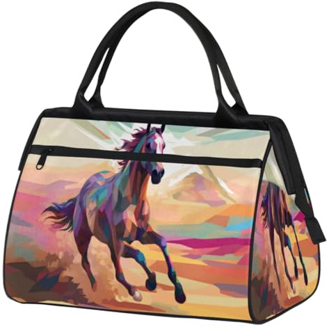Abstract Lines Running Horse Gym Bag for Women Men, Travel Sports Duffel Bag with Trolley Sleeve, Waterproof Sports Gym Bag Weekender Overnight Bag Carry On Tote Bag for Travel Gym Sport