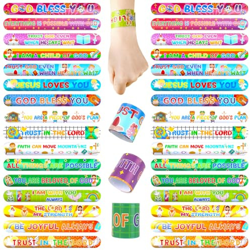 POPLAY 48PCS Christian Slap Bracelets, Snap Wristbands Bible Verses Religious Snap Bracelets for Kids Sunday School Gifts Classroom Prizes