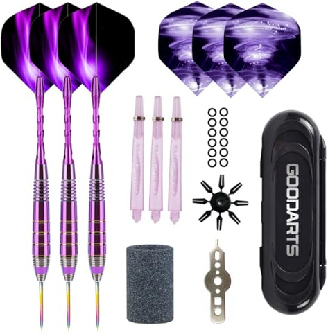 BIPY Lila dartset stålspets dartkit flyg och stjälkar aluminiumaxlar professionella metalldartset plastaxlar O-ringar dartfixeringsverktyg dartnål slipsten för inomhus dartspel