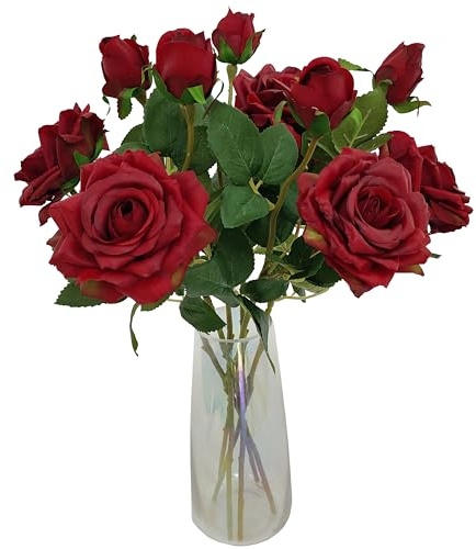 ATFL Fake Red Roses Flowers, 6 Pcs Faux Silk Real Touch Moisturizing Artificial Rose Flowers for Decoration DIY Wedding Party Home Office Decoration and Dining Table Centerpiece (6, red)