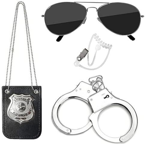 OFGAOO Polizei Kostüm Kinder, Polizei Accessoires mit Handschellen Polizeiabzeichen Sonnenbrille Handschellen Kinder Polizei Set Polizei Kostüm Zubehör Set für Kinder Jungen Mädchen